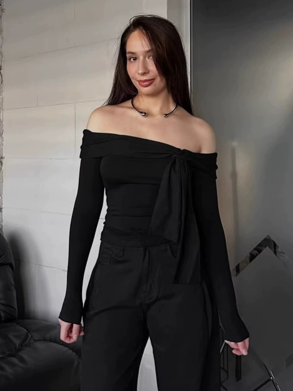Forever 21 Spring Long Sleeve Off Shoulder Knit Base Layer Top